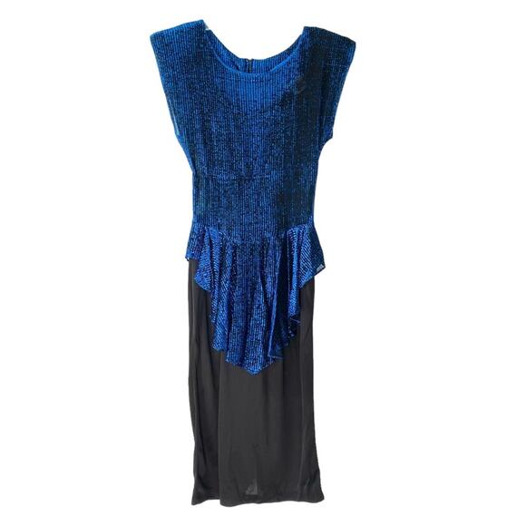 T Juniors Vintage 70s Disco Blue Metallic Peplum Dress size small 3 - Picture 1 of 11
